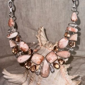 Exquisite Scolecite + Peach Topaz + Biwa Pearl statement gemstone heart necklace